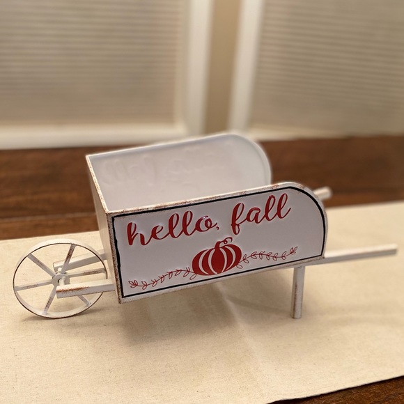 Fall Decor, Hello Fall Wheelbarrow Decor, Fall Metal Wheelbarrow Centerpiece - Picture 8 of 16